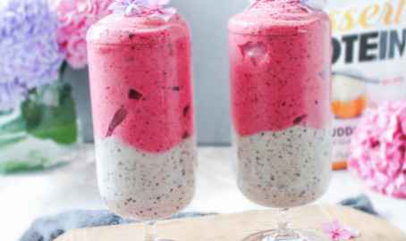 Summerish Vanilla Chia Pudding topped with berries ice cream